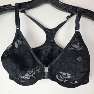 Victoria Secret 32D Black Lace Racerback Underwire Vintage Front Close Unpadded